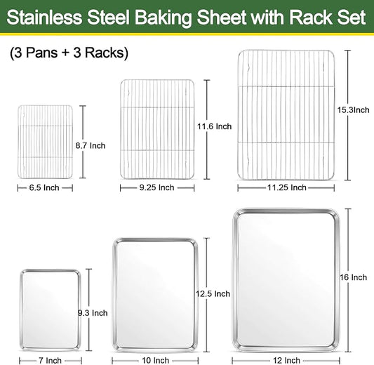 E-far Baking Sheet with Cooling Rack Set (3 Pans + 3 Racks), 16/12.5/9.3 Inch Stainless Steel Cookie Sheets Baking Pans and Wire Rack for Oven, Non Toxic & Easy Clean
