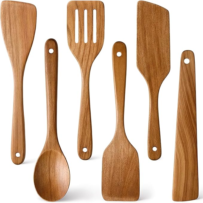 6 Pack Acacia Wood Spatula Set Non Toxic Kitchen Utensils for Cooking Spoon Flat Wooden Wok Spatula Spurtle Kitchen Tools Slotted Turner Scraper Bamboo Cooking Utensil Set Fish Egg Flipper Spatulas