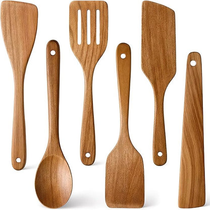 6 Pack Acacia Wood Spatula Set Non Toxic Kitchen Utensils for Cooking Spoon Flat Wooden Wok Spatula Spurtle Kitchen Tools Slotted Turner Scraper Bamboo Cooking Utensil Set Fish Egg Flipper Spatulas