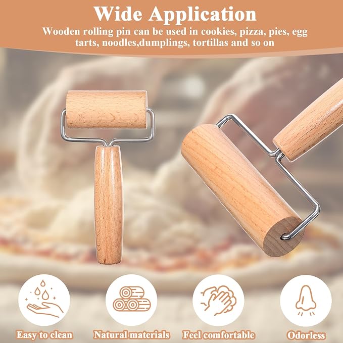 2 Pcs Baking Wooden Rolling Pins Non-Stick Baker Pastry Roller Set T-shape Pizza Dough Roller Pin for Tortilla Cookie Dumpling Home Kitchen Baking Cooking(Double-headed + single-headed small)