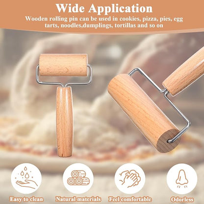 2 Pcs Baking Wooden Rolling Pins Non-Stick Baker Pastry Roller Set T-shape Pizza Dough Roller Pin for Tortilla Cookie Dumpling Home Kitchen Baking Cooking(Double-headed + single-headed small)