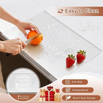 Mom Birthday Gifts from Daughter Son - Engraved Acrylic Cutting Board with Counter Lip Clear Countertop Protector Cooking Gift for Mom Mother Birthday Christmas Presents Aesthetic Kitchen Decor