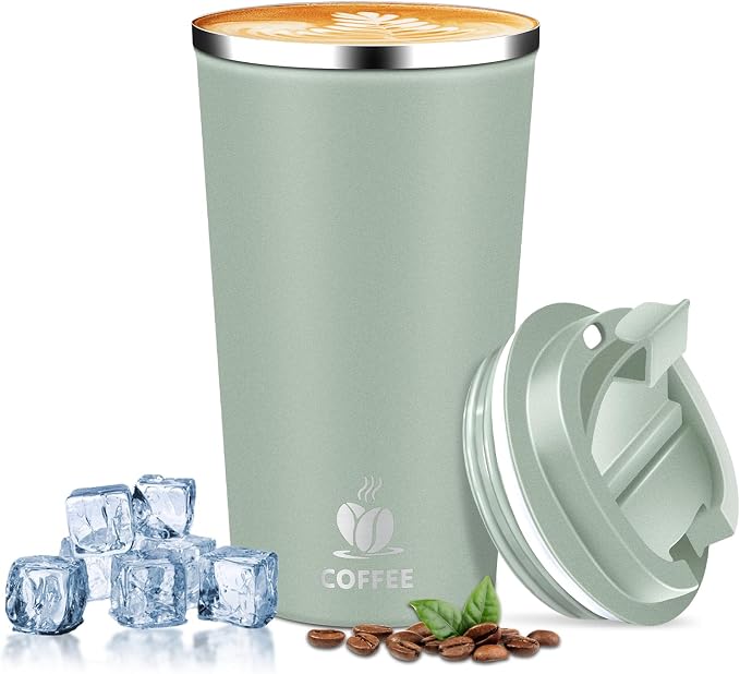 Insulated Travel Coffee Mug Reusable Coffee Tumbler Cup with Flip Lid Leak Proof Spill Proof for Office School Party Camping Hot and Cold Drink,Stainless Steel 17oz (Agave Green)