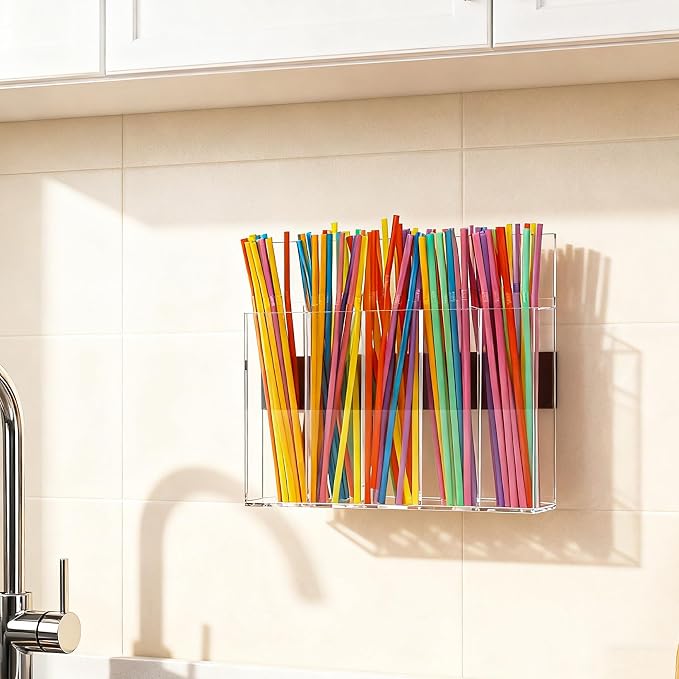 Acrylic Straw Holder for Cabinet Door, Magnetic Cabinet Door Straw Door with Removable Partitions Clear Reusable Straw Organizer Storage for Fridge Cabinet Kitchen Bar