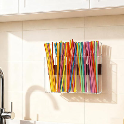 Acrylic Straw Holder for Cabinet Door, Magnetic Cabinet Door Straw Door with Removable Partitions Clear Reusable Straw Organizer Storage for Fridge Cabinet Kitchen Bar
