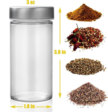 Tianifa 6 Pcs Glass Spice Jars/Bottles for Rotating Spice Rack-3oz Empty round Spice Containers with Airtight Metal Caps with Shaker Lids (6, Stainless Steel Lids)