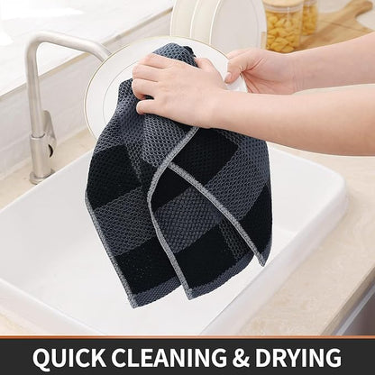 Homaxy Kitchen Towels and Dishcloths Set, 12 x 12 and 13 x 28 Inches, Set of 16 100% Cotton Waffle Weave Check Plaid Kitchen Dish Towels, Super Soft and Absorbent Dish Cloths, Black & Grey