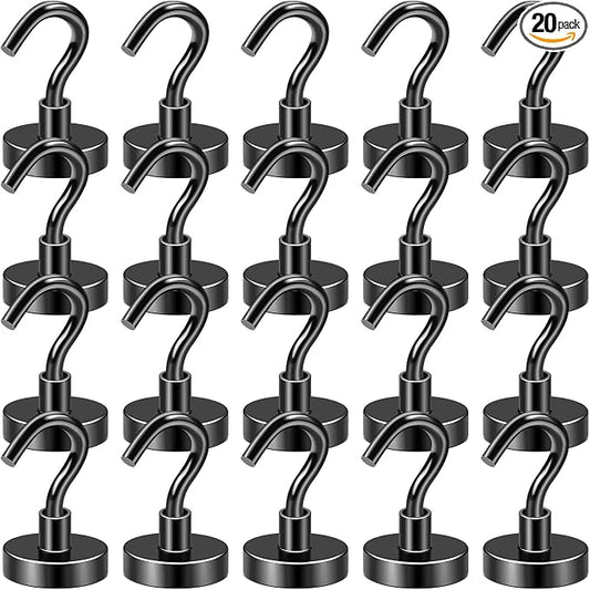 DIYMAG Black Magnetic Hooks, 50 LB Heavy Duty Magnet with Hook, 20 Packs Strong Rare Earth Neodymium Magnets for Hanging, Magnetics Hanger for Curtain, Home, Kitchen, Workplace