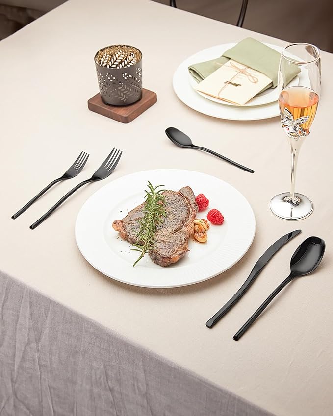 Lemeya 40-Piece Black Silverware Set for 8,Modern 18/10 Stainless Steel Flatware Set,Luxury Cutlery Set,Unique Utensils Set for Restaurant,Spoons and Forks Set,Mirror Polished,Dishwasher Safe