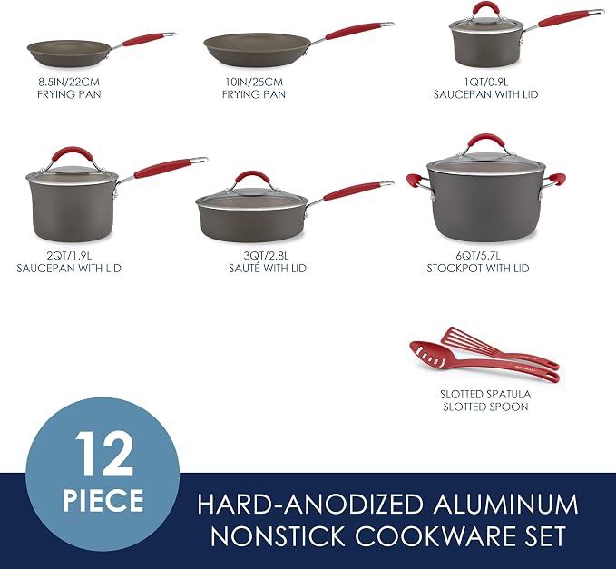 Rachael Ray Cucina Dishwasher-Safe Hard-Anodized Pots and Pans Set Non Stick Cookware, 12-Piece, Gray with Red Handles