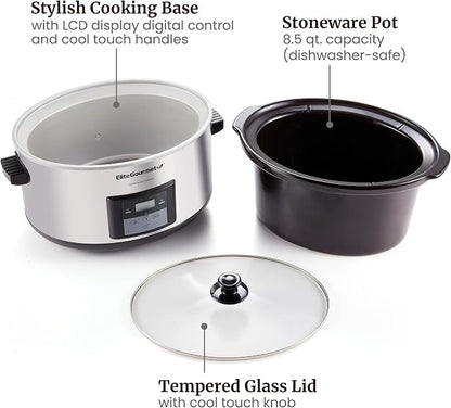 Elite Gourmet Stainless Steel Slow Cooker, Dishwasher-Safe with Tempered Glass Lid, Cool-Touch Handles, Removable Stoneware Pot, 8.5 Quart,MST-900V