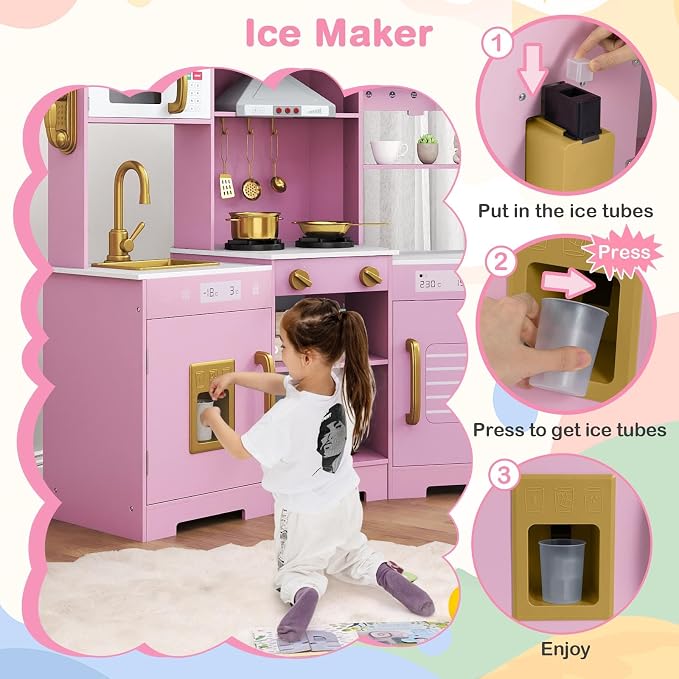 Costzon Corner Kids Kitchen Playset, Wooden Toy Kitchen Set w/Lights & Sounds Range Hood, Ice Maker, Pretend Telephone, Sink, Faucet, Microwave, Oven, Play Kitchen for Kids 3+ (Pink+Golden)