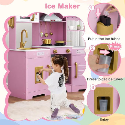 Costzon Corner Kids Kitchen Playset, Wooden Toy Kitchen Set w/Lights & Sounds Range Hood, Ice Maker, Pretend Telephone, Sink, Faucet, Microwave, Oven, Play Kitchen for Kids 3+ (Pink+Golden)