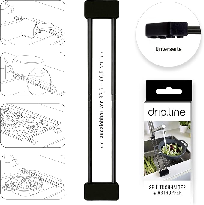Sanni Shoo drip.line Pure drip Tray/Rack, Practical, Multifunctional Kitchen Rack for Storing dishcloths and Brushes, drip Drying Bottles, extendable, Heat-Resistant (Black Steel Edition, Pure)