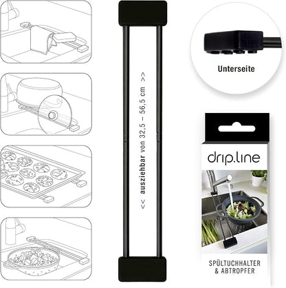 Sanni Shoo drip.line Pure drip Tray/Rack, Practical, Multifunctional Kitchen Rack for Storing dishcloths and Brushes, drip Drying Bottles, extendable, Heat-Resistant (Black Steel Edition, Pure)