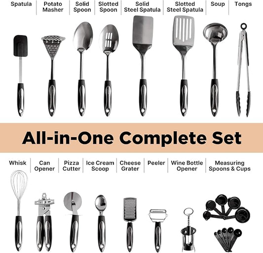 Asani 25-Piece Stainless Steel Kitchen Utensil Set | Non-Stick Cooking Gadgets and Tools Kit | Durable Dishwasher-Safe Cookware Set | Kitchenware Gift Idea, Best New Apartment Essentials