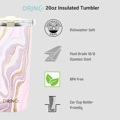 Drinco - 20 oz Stainless Steel Tumbler | Double Walled Vacuum Insulated Mug With Lid, 2 Straws, For Hot & Cold Drinks (20oz Rosa Gold)