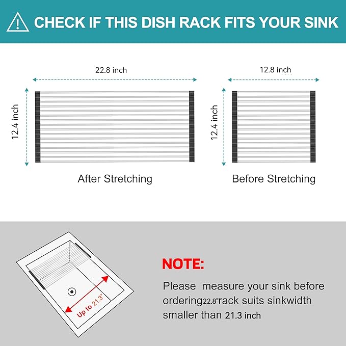 BBXTYLY Extra Large Expandable Roll Up Dish Drying Rack,Over The Sink Drying Rack Sink Cover Kitchen Sink Accessories Kitchen Rolling up Stainless Steel Drainer, Foldable,Rollable（Black，22.8''-12.4''）