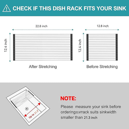 BBXTYLY Extra Large Expandable Roll Up Dish Drying Rack,Over The Sink Drying Rack Sink Cover Kitchen Sink Accessories Kitchen Rolling up Stainless Steel Drainer, Foldable,Rollable（Black，22.8''-12.4''）