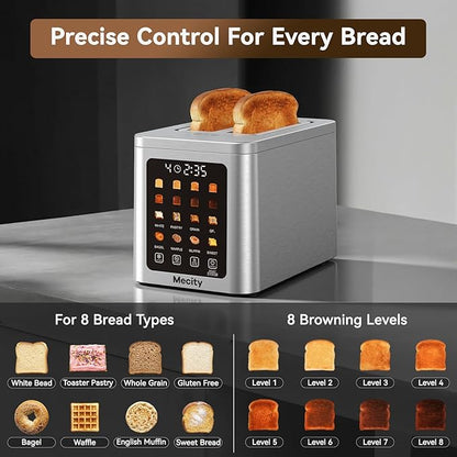 Mecity 2 Slice Smart Touchscreen Toaster, Stainless Steel Wide Slot Toasters with Auto Lift & 30-Minute Warm, Memory Function, Defrost & Auto Shutoff, Digital Electric Bread Toaster for Bagels