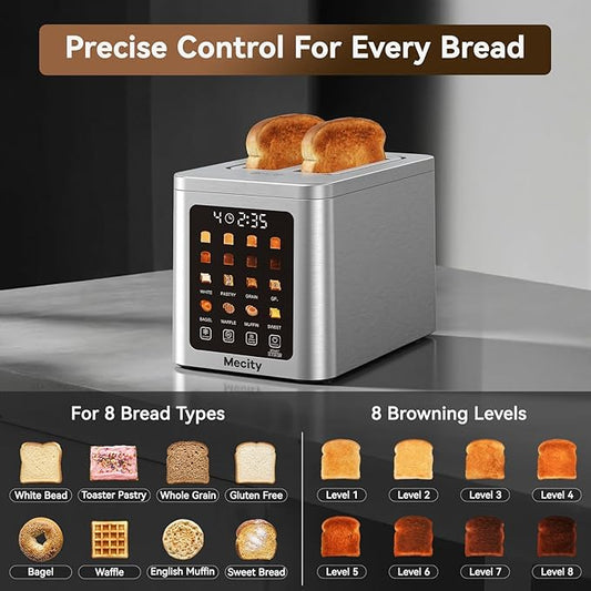 Mecity 2 Slice Smart Touchscreen Toaster, Stainless Steel Wide Slot Toasters with Auto Lift & 30-Minute Warm, Memory Function, Defrost & Auto Shutoff, Digital Electric Bread Toaster for Bagels
