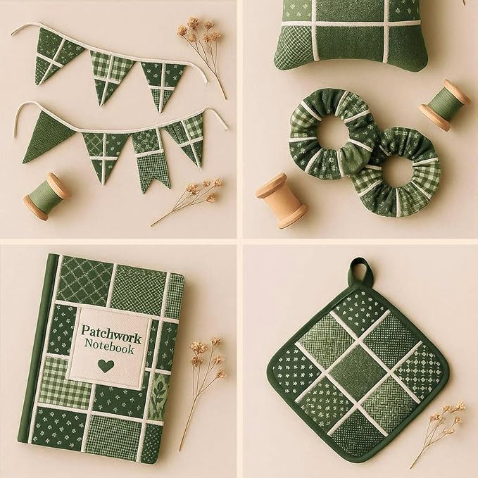 Cotton Satin Patchwork Fabric Panel – 35 Designs, 20×20 cm Squares, Single Piece 150×110 cm, Green Botanical Quilt Fabric (Forest Green Patchwork Set, 35pcs 8x8 inch)