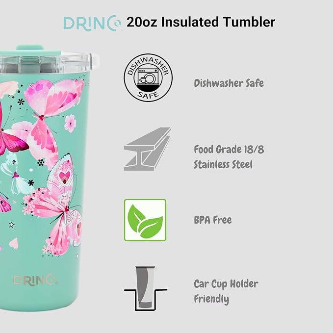 Drinco - 20 oz Stainless Steel Tumbler | Double Walled Vacuum Insulated Mug With Lid, 2 Straws, For Hot & Cold Drinks (20oz Butterfly)