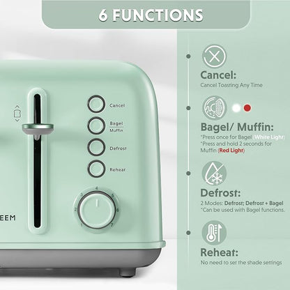 BUYDEEM DT640 4-Slice Toaster, 7 Shade Settings, Extra Wide 1.5’’ Slots for Bagel & English Muffin, 6 Toasting Functions, Retro Stainless Steel Toaster with High Lift Lever, 1800W, Green