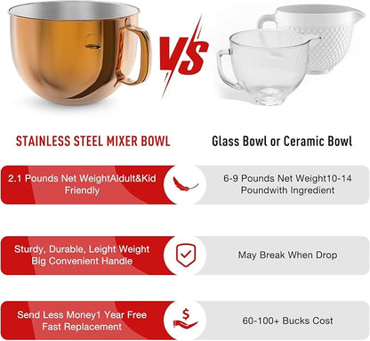 6QT Stainless Steel Mixer Bowl for Kitchenaid Stand Mixers, Kitchen Aid Mixing Bowl for 6QT Lift Mixer with Handle Copper