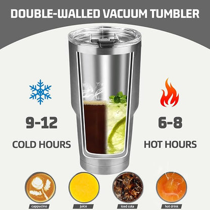 30 oz Tumbler with Lids and Straws, Stainless Steel Insulated Coffee Tumbler, Double Wall Vacuum Insulated Travel Mug Cup, Leakproof Thermal Coffee Cup for Hot and Cold Drinks(Silver)