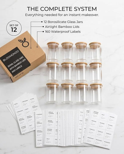 Bloomondo Glass Spice Jars with Label Pack (12x Bamboo Lid Glass Jar) Small 6oz Empty Spice Storage Bottles with 112 Printed Stickers and 48 Writable Pantry Labels for Seasoning Containers