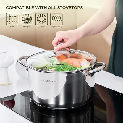 Sunhouse 6 QT Stainless Steel Stock Pot with Lid - Large Pot for Cooking | Stainless Steel Pot For Pasta, Soup, Spaghetti - Impact Bonding Base Big Pots for Canning, Boiling - Induction Compatible