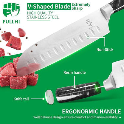 FULLHI 15pcs Japanese Knife Set with Magnetic Knife Block Holder, Japan Stainless Steel Blades, Black Resin Ergonomic Handles for Professional and Home Cooking