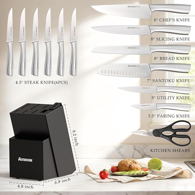 Astercook Knife Set, Kitchen Knives Set with Block and Sharpener Full Tang 15 Pcs Stainless Steel Knives, Dishwasher Safe Knife Set with Anti-slip Ergonomic Handle, Black, Fathers Day Gift for Men