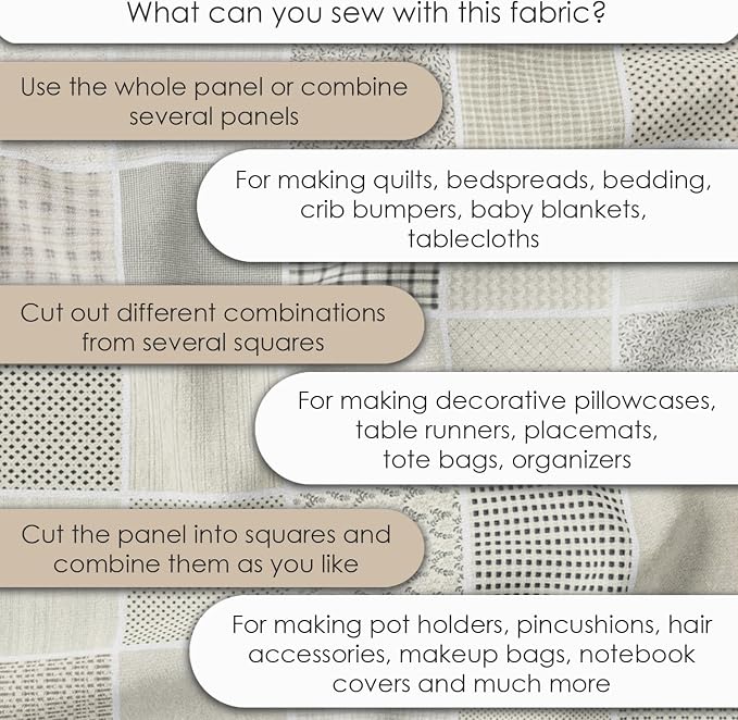 Cotton Satin Patchwork Fabric Panel – 35 Designs, 20×20 cm Squares, Single Piece 150×110 cm, Neutral Grey Quilt Fabric (Elegant Beige Patchwork Set, 35pcs 8x8 inch)