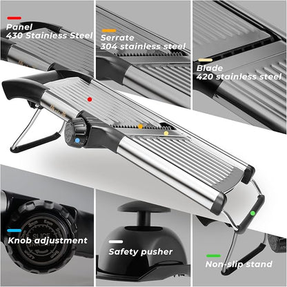 Adjustable Mandoline Slicer 5-in-1 Stainless Steel Vegetable Cutter with Ultra Sharp Blades, Julienne Slicer & Shredder for Potato, Onion