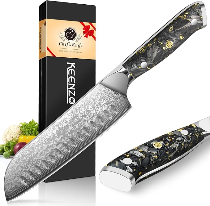 KEENZO Santoku knife 7 inch, Sharp Chef Knife, Professional kitchen knives,Japanese Hand Forged 67 Layers Hammered Damascus Steel Cooking Knife,Gold Foil Resin Handle with gift box