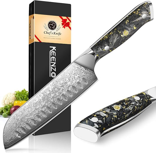 KEENZO Santoku knife 7 inch, Sharp Chef Knife, Professional kitchen knives,Japanese Hand Forged 67 Layers Hammered Damascus Steel Cooking Knife,Gold Foil Resin Handle with gift box