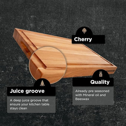 Large Wood Cutting Board from American Cherry - A Butcher Block That Comes with Juice Groove for Cutting Meat and Juicy Veggies Easily - Cherry Chopping Board - 20x16x1.5 inches