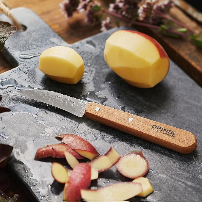 OPINEL Les Essentials - Small Kitchen 4 Piece Knife Set - Paring, Serrated, Peeler, Vegetable Knife, Corrosion Resistant High Carbon Steel, Made in France (Natural)