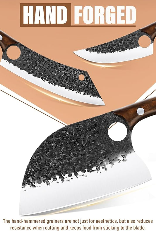Purple Dragon Butcher Knife Set - 9 Pcs Chef Knife Set - Hand Forged Serbian Chef Knives - Meat Cleaver Boning Viking Knives with Roll Bag - Gift for Men and Women