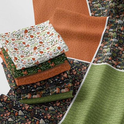 Woodland Patchwork Fabric Panel 100x155 cm – 100% Cotton Satin, 6 Coordinated Forest & Mushroom Prints on One Continuous Sheet for Quilting, Sewing & DIY Crafts(Forest Mushrooms, 6pcs 50x50cm)
