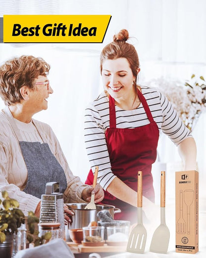 Pack of 2 Silicone Cooking Spatula, Heat Resistant Solid Turner, Non Stick Slotted Spatulas with Wooden Short Handle,Ideal Wood Kitchen Utensils Set for Frying, Baking, Flipping, Turning