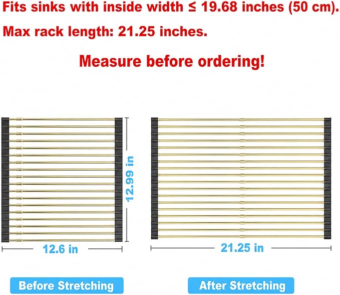 Expandable Roll Up Dish Drying Rack, Adjustable Large Over The Sink Rack Draining Rack (Max Extends to 21.25”) for Stainless Steel Sinks, Collapsible Silicone Rolling Up Rack 18 Tube for Kitchen, Gold