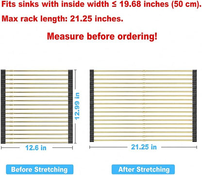 Expandable Roll Up Dish Drying Rack, Adjustable Large Over The Sink Rack Draining Rack (Max Extends to 21.25”) for Stainless Steel Sinks, Collapsible Silicone Rolling Up Rack 18 Tube for Kitchen, Gold