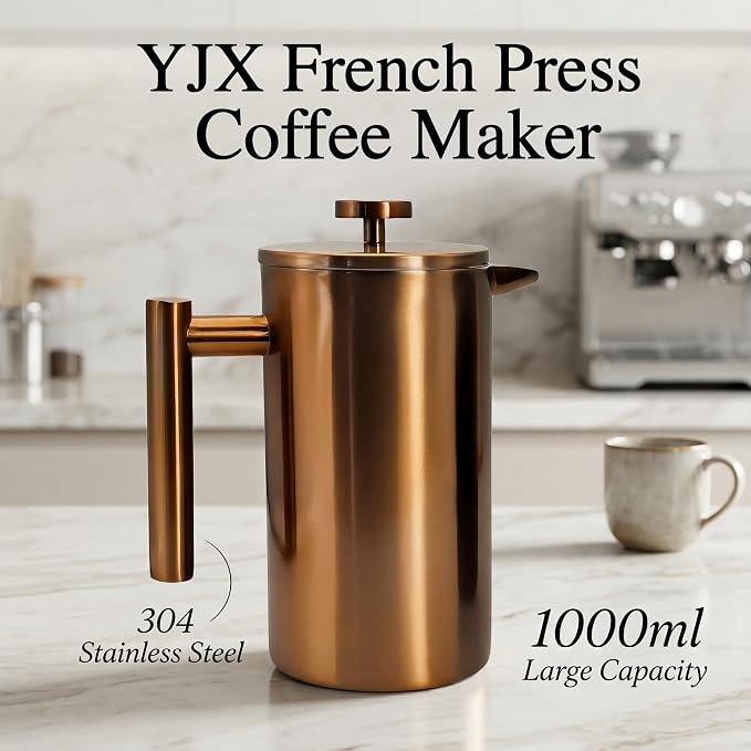YJX 34oz Coffee Maker, Stainless Steel French Press, 1 Liter Camping Coffee Pot, Tea Maker, 34 Ounce Travel Coffee Presses, Heat Resistant Double Insulated (Coppery)