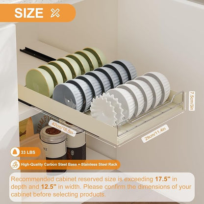 LinTimes Expandable Pull Out Cabinet Organizer, Stainless Steel + Carbon Steel Cabinet Frame Bowl Rack, Upgraded Sliding Drawer, 42.3 * 30 * 7.5cm White