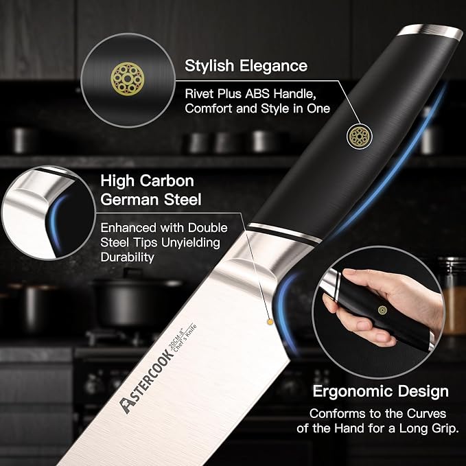 Astercook Chef Knife, 8 Inch Professional Kitchen Chef Knife, German High Carbon Stainless Steel Ultra Sharp Knife, Chefs Knives with Ergonomic Handle and Gift Box (ABS Handle), Mothers Day Gifts