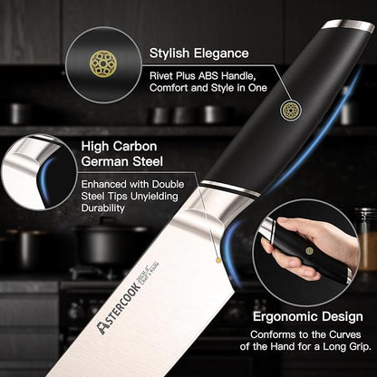 Astercook Chef Knife, 8 Inch Professional Kitchen Chef Knife, German High Carbon Stainless Steel Ultra Sharp Knife, Chefs Knives with Ergonomic Handle and Gift Box (ABS Handle), Mothers Day Gifts