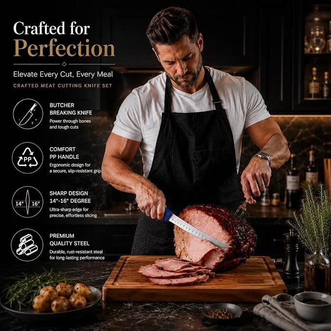 DRAGON RIOT 4 Piece Butcher Knife Set Brisket Trimming Set Include 6" Boning Knife, 6" Skinning Knife, 10" Butcher Breaking Knife and 10" Sharpening Steel